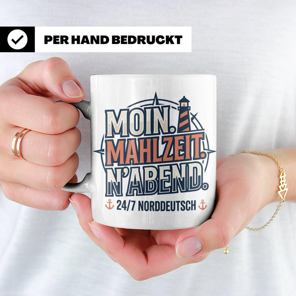 Moin Tasse mit Spruch Mahlzeit N'Abend & Leuchtturm, 24/7 No – Weiß [farbe:weiß]
