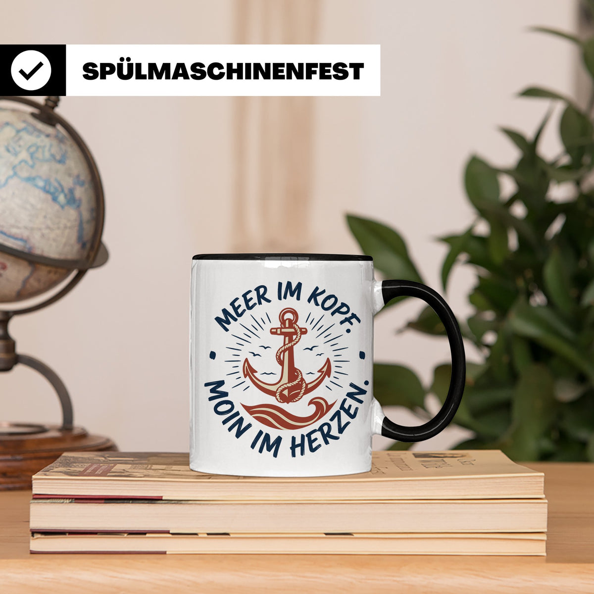 Anker Tasse mit Spruch Meer im Kopf Moin im Herzen, Maritime – Schwarz [farbe:schwarz]