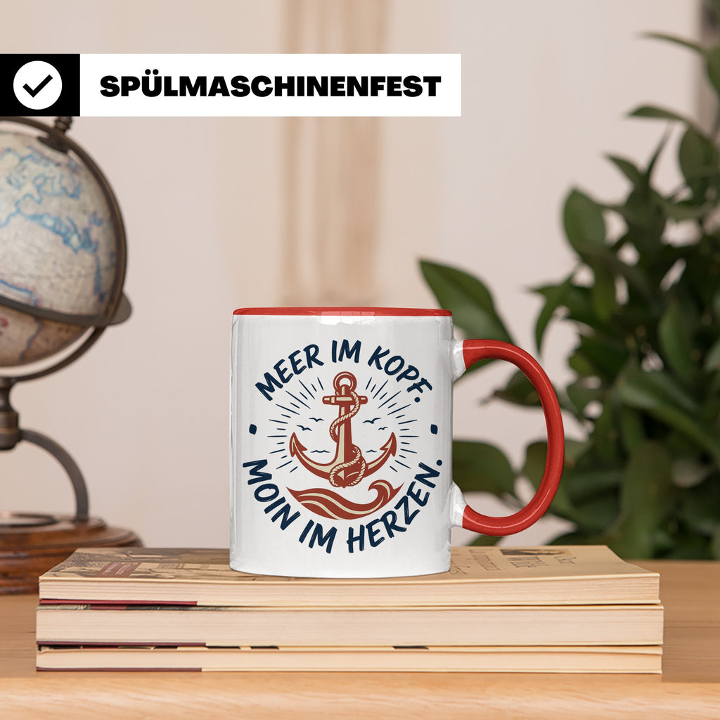 Anker Tasse mit Spruch Meer im Kopf Moin im Herzen, Maritime – Rot [farbe:rot]