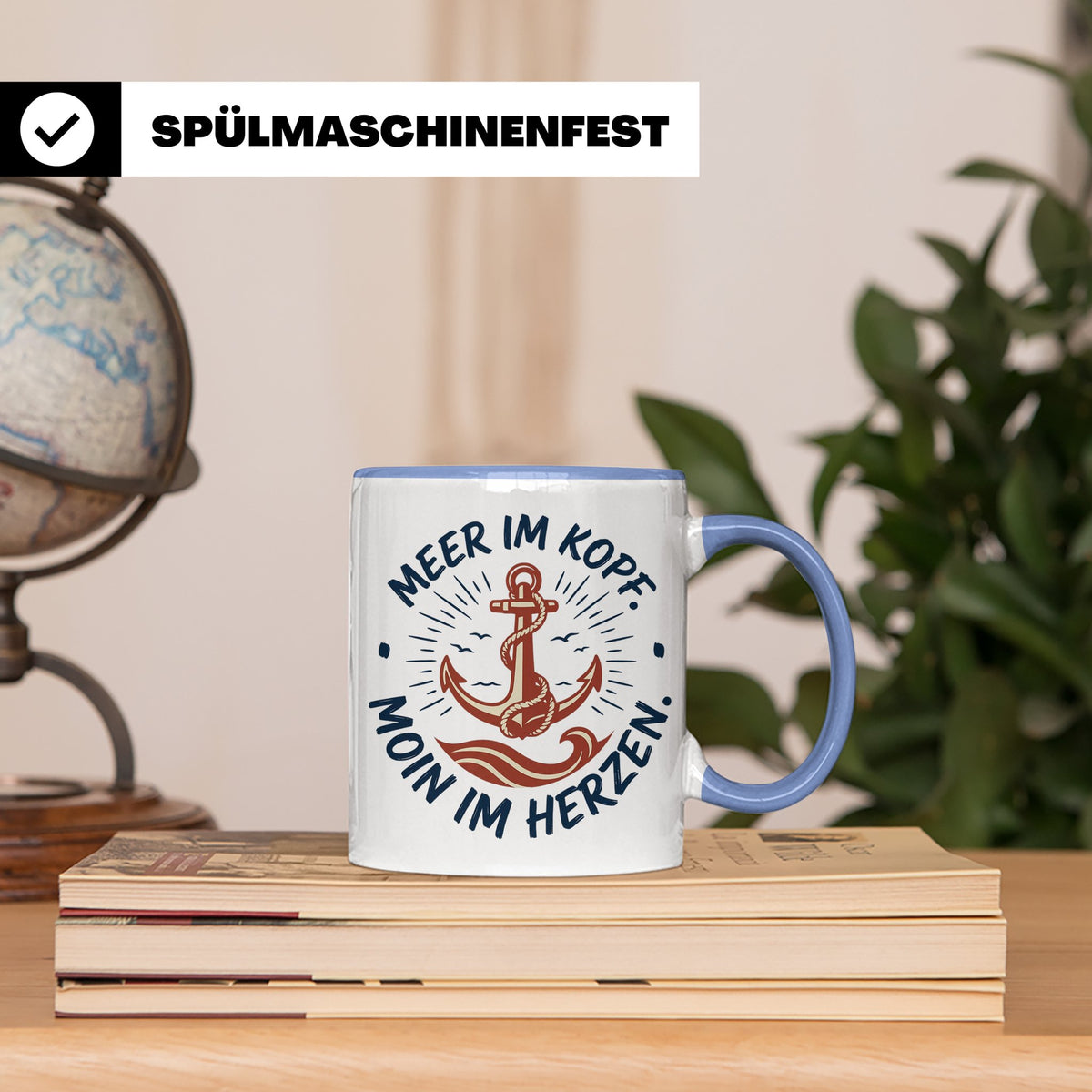 Anker Tasse mit Spruch Meer im Kopf Moin im Herzen, Maritime – Blau [farbe:blau]