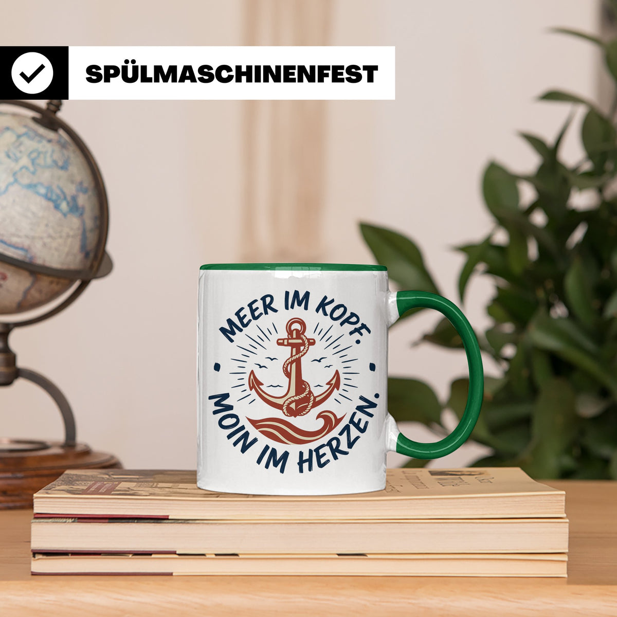 Anker Tasse mit Spruch Meer im Kopf Moin im Herzen, Maritime – Grün [farbe:grün]