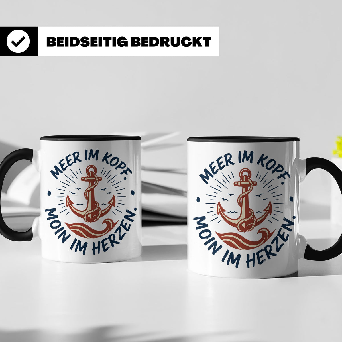 Anker Tasse mit Spruch Meer im Kopf Moin im Herzen, Maritime – Schwarz [farbe:schwarz]