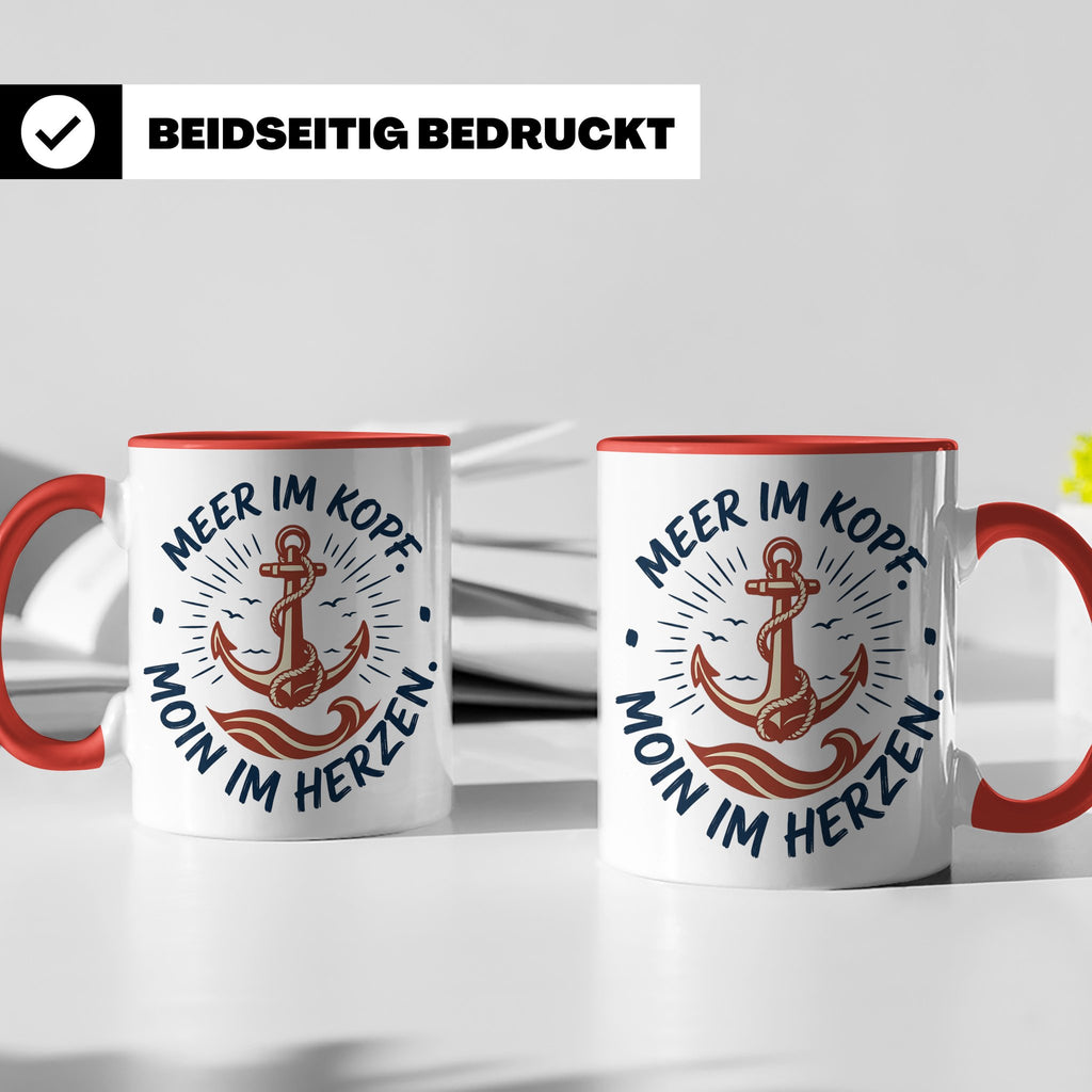 Anker Tasse mit Spruch Meer im Kopf Moin im Herzen, Maritime – Rot [farbe:rot]