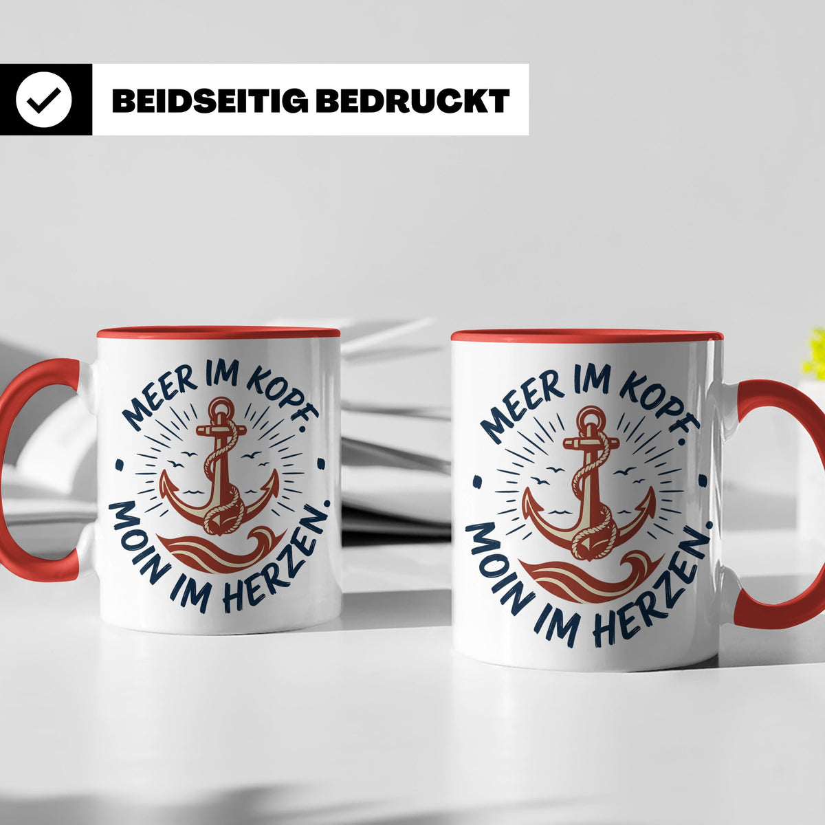 Anker Tasse mit Spruch Meer im Kopf Moin im Herzen, Maritime – Rot [farbe:rot]