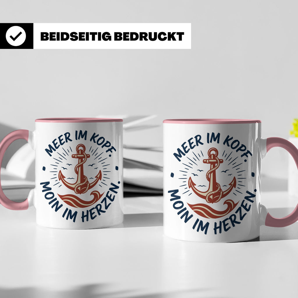 Anker Tasse mit Spruch Meer im Kopf Moin im Herzen, Maritime – Rosa [farbe:rosa]