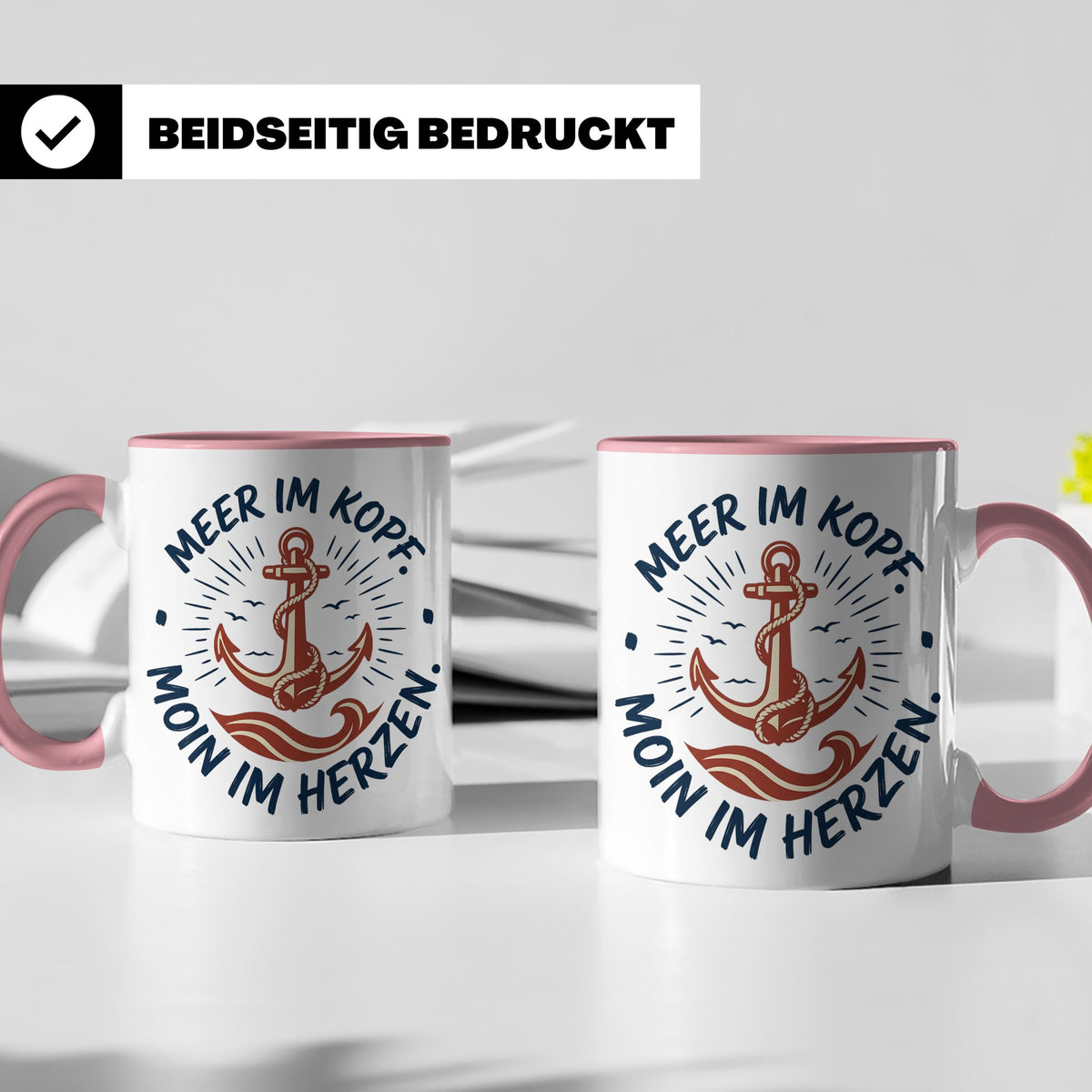 Anker Tasse mit Spruch Meer im Kopf Moin im Herzen, Maritime – Rosa [farbe:rosa]