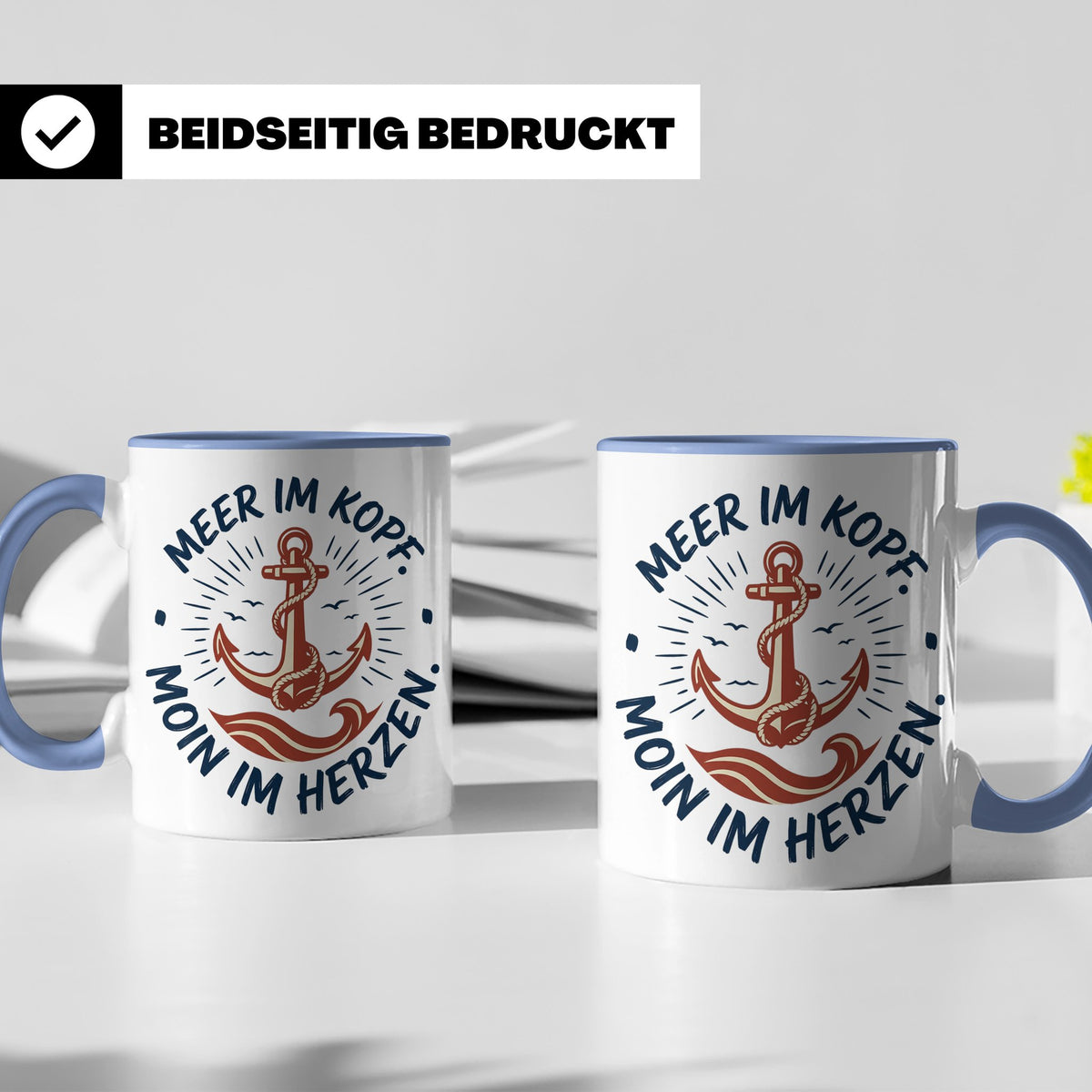 Anker Tasse mit Spruch Meer im Kopf Moin im Herzen, Maritime – Blau [farbe:blau]