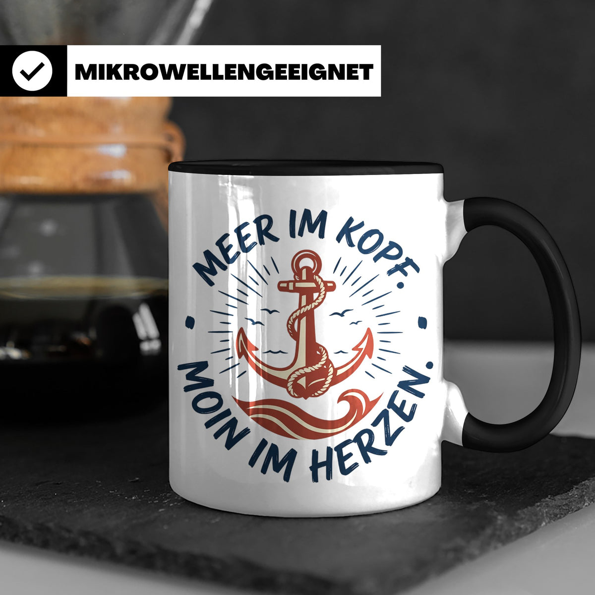 Anker Tasse mit Spruch Meer im Kopf Moin im Herzen, Maritime – Schwarz [farbe:schwarz]