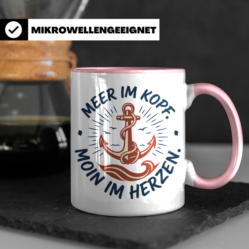 Anker Tasse mit Spruch Meer im Kopf Moin im Herzen, Maritime – Rosa [farbe:rosa]
