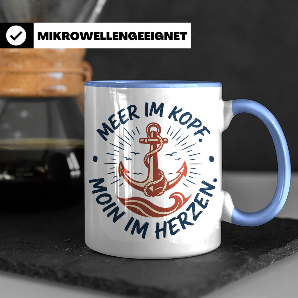 Anker Tasse mit Spruch Meer im Kopf Moin im Herzen, Maritime – Blau [farbe:blau]