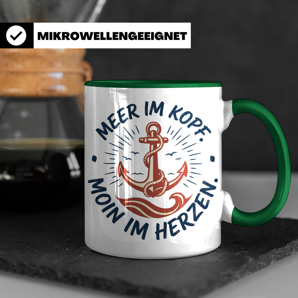 Anker Tasse mit Spruch Meer im Kopf Moin im Herzen, Maritime – Grün [farbe:grün]