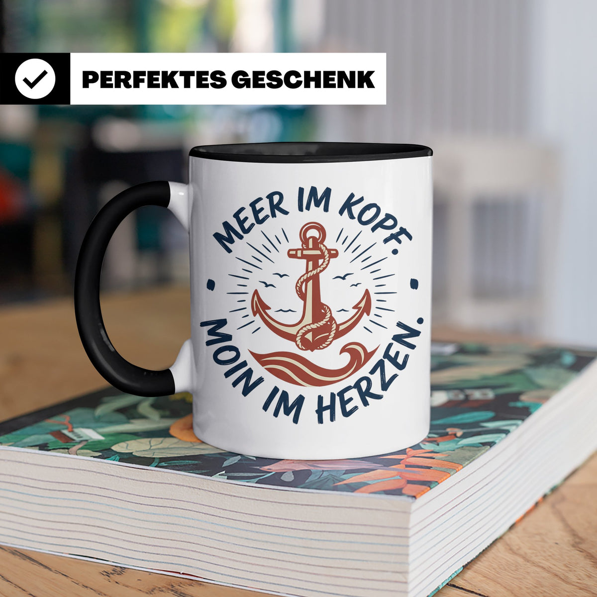 Anker Tasse mit Spruch Meer im Kopf Moin im Herzen, Maritime – Schwarz [farbe:schwarz]