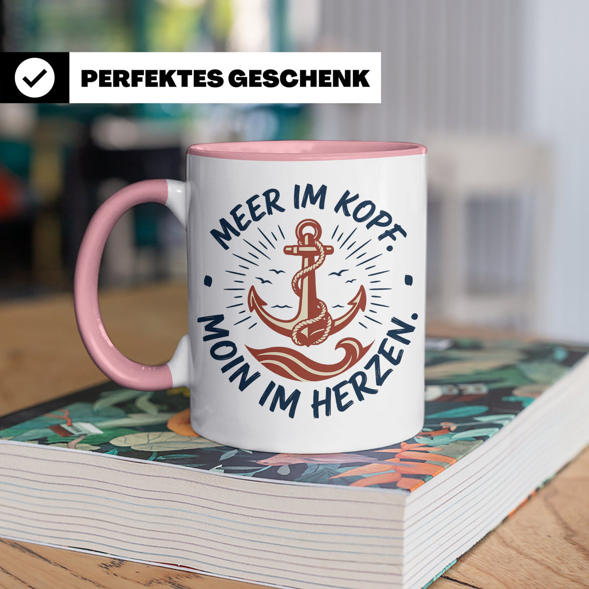 Anker Tasse mit Spruch Meer im Kopf Moin im Herzen, Maritime – Rosa [farbe:rosa]