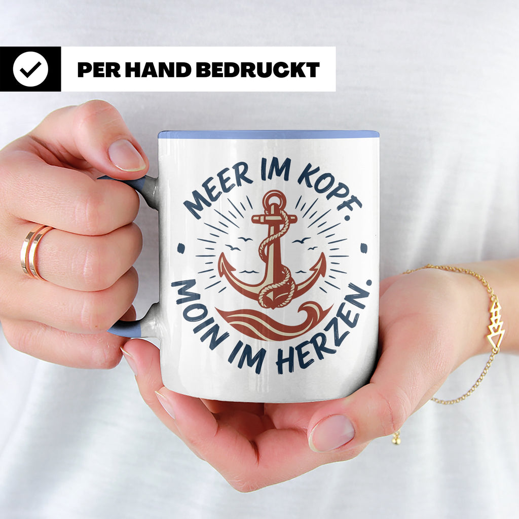 Anker Tasse mit Spruch Meer im Kopf Moin im Herzen, Maritime – Blau [farbe:blau]