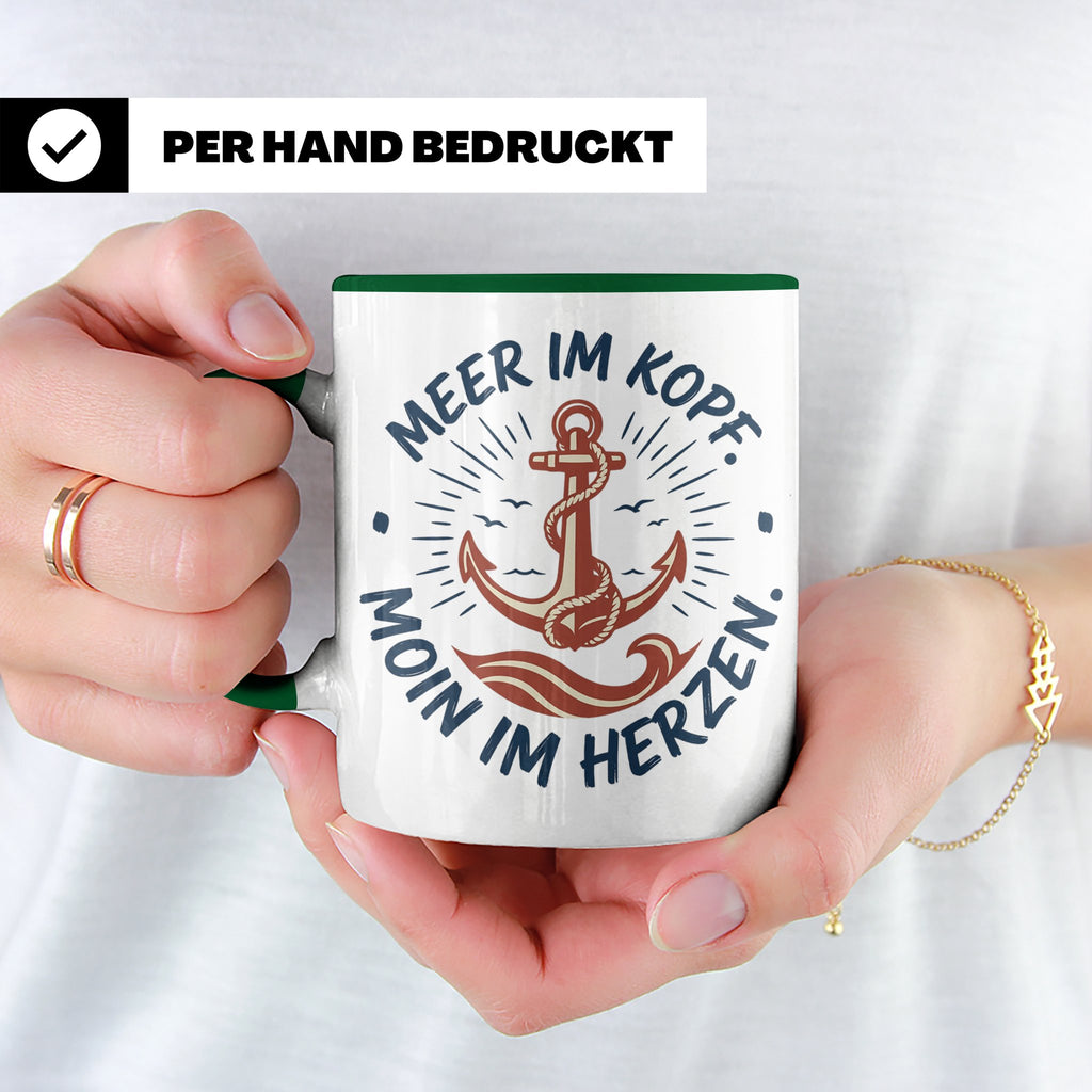 Anker Tasse mit Spruch Meer im Kopf Moin im Herzen, Maritime – Grün [farbe:grün]
