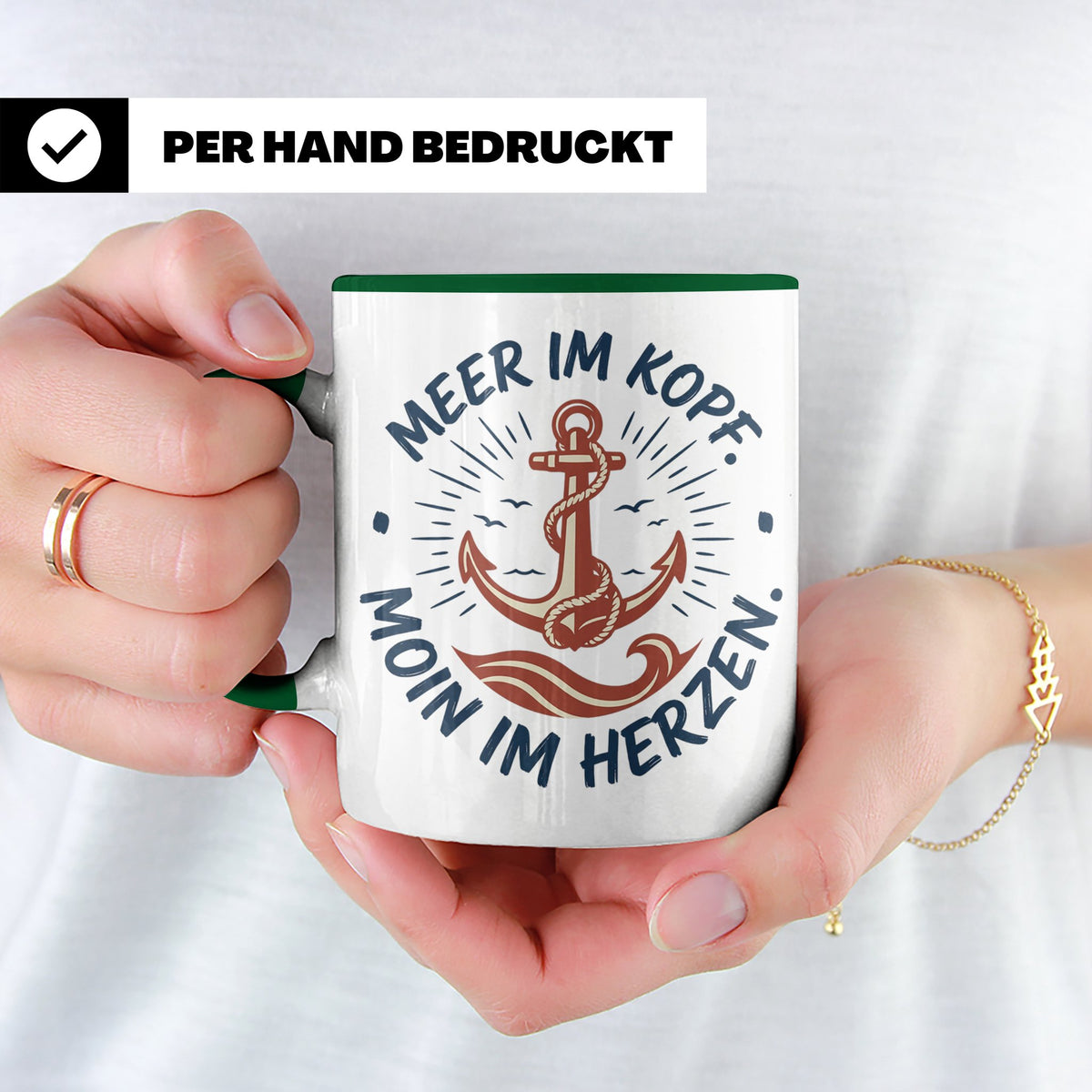 Anker Tasse mit Spruch Meer im Kopf Moin im Herzen, Maritime – Grün [farbe:grün]