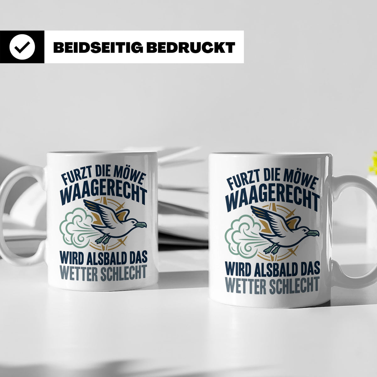 Möwe furzt waagerecht Tasse | Lustiger Spruch für Norddeutsc – Weiß [farbe:weiß]