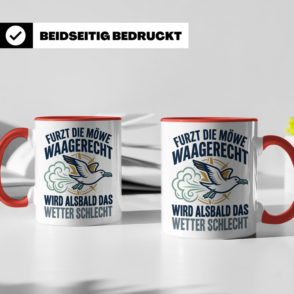Möwe furzt waagerecht Tasse | Lustiger Spruch für Norddeutsc – Rot [farbe:rot]