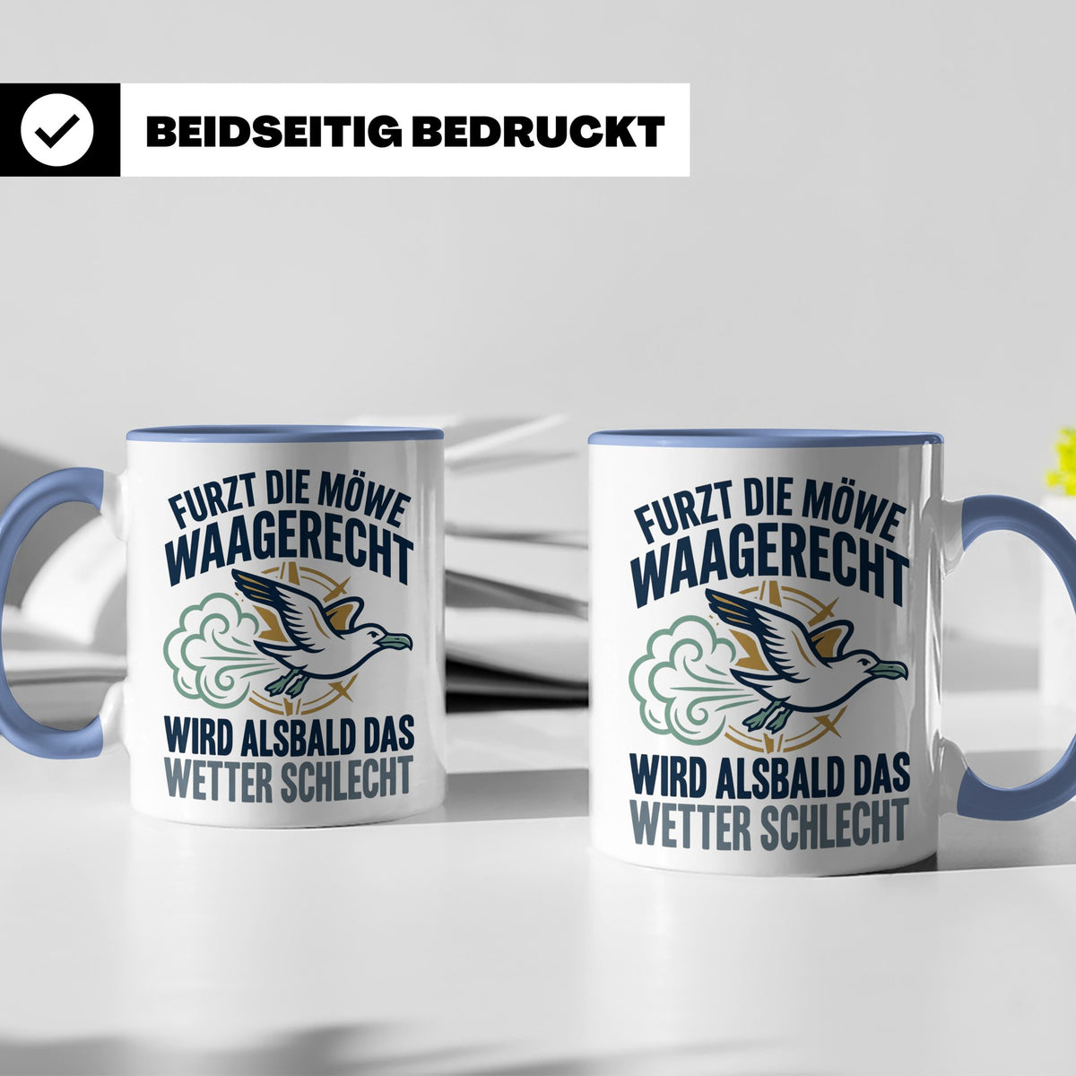 Möwe furzt waagerecht Tasse | Lustiger Spruch für Norddeutsc – Blau [farbe:blau]