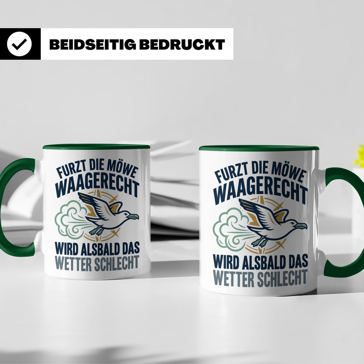 Möwe furzt waagerecht Tasse | Lustiger Spruch für Norddeutsc – Grün [farbe:grün]