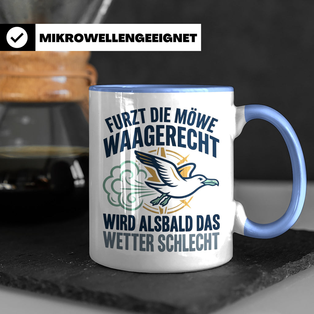 Möwe furzt waagerecht Tasse | Lustiger Spruch für Norddeutsc – Blau [farbe:blau]