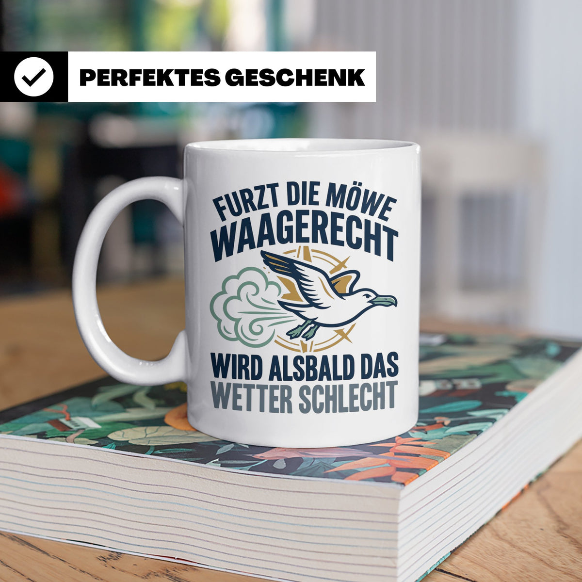 Möwe furzt waagerecht Tasse | Lustiger Spruch für Norddeutsc – Weiß [farbe:weiß]
