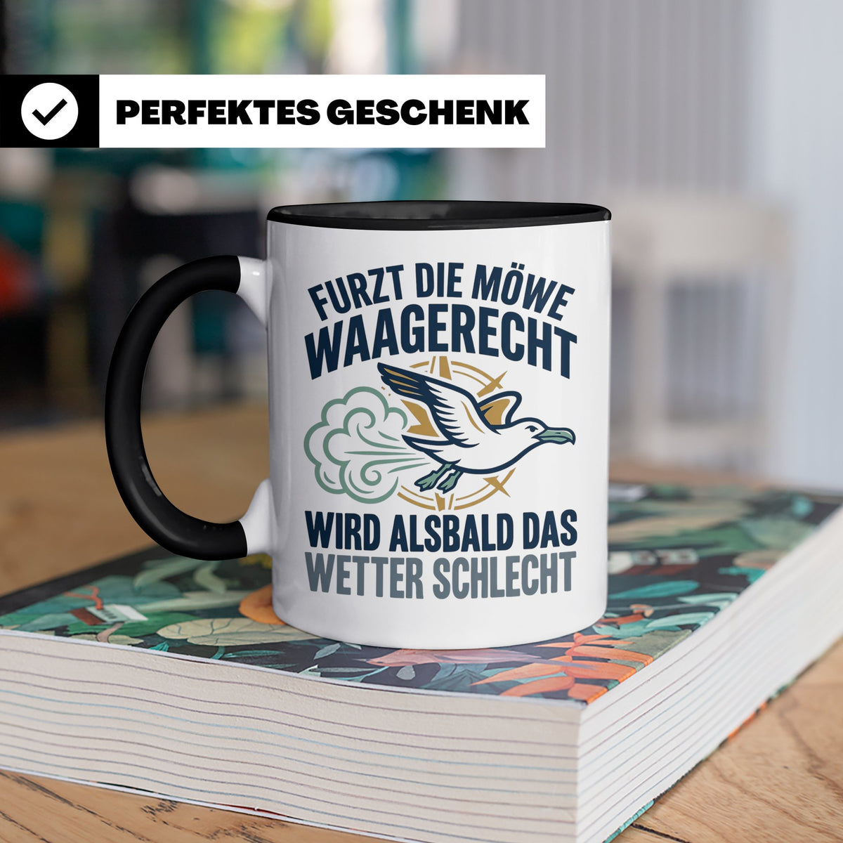Möwe furzt waagerecht Tasse | Lustiger Spruch für Norddeutsc – Schwarz [farbe:schwarz]