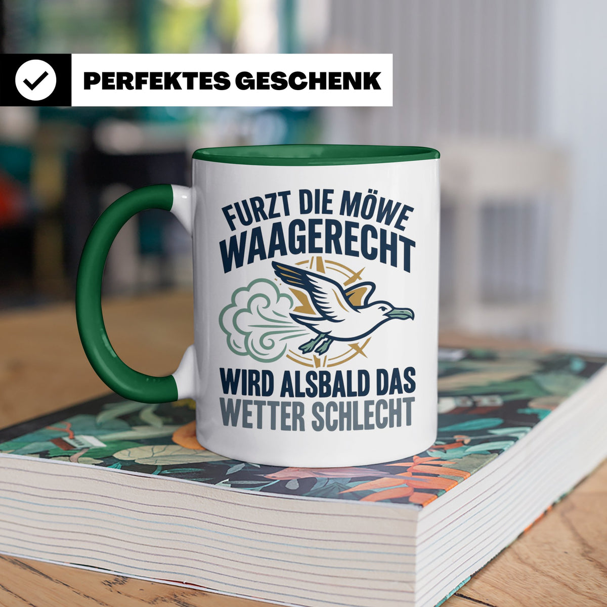 Möwe furzt waagerecht Tasse | Lustiger Spruch für Norddeutsc – Grün [farbe:grün]
