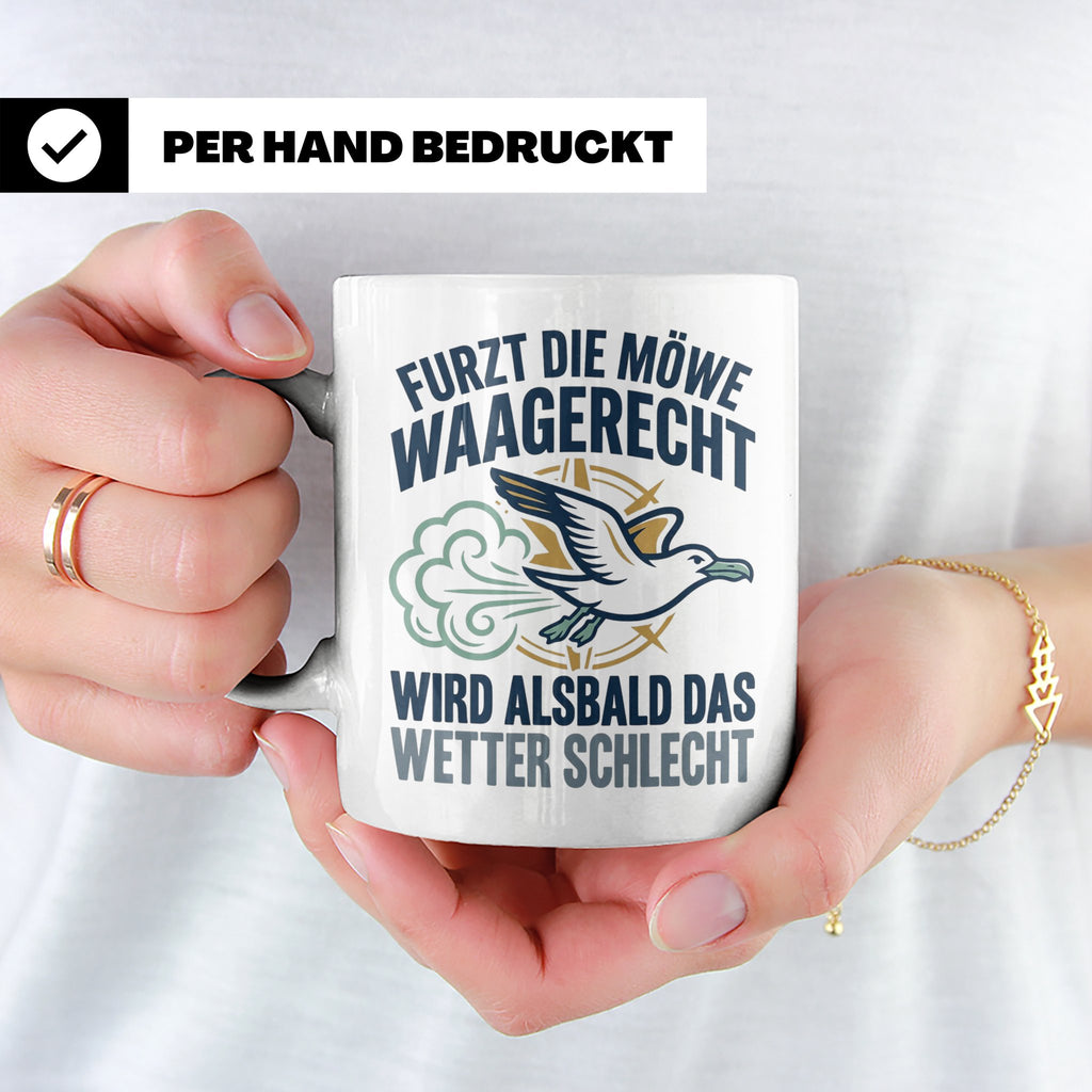 Möwe furzt waagerecht Tasse | Lustiger Spruch für Norddeutsc – Weiß [farbe:weiß]