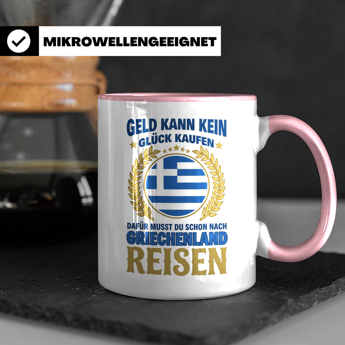 Griechenland Tasse mit Spruch & Flagge, Griechische Wurzeln  – Rosa [farbe:rosa]