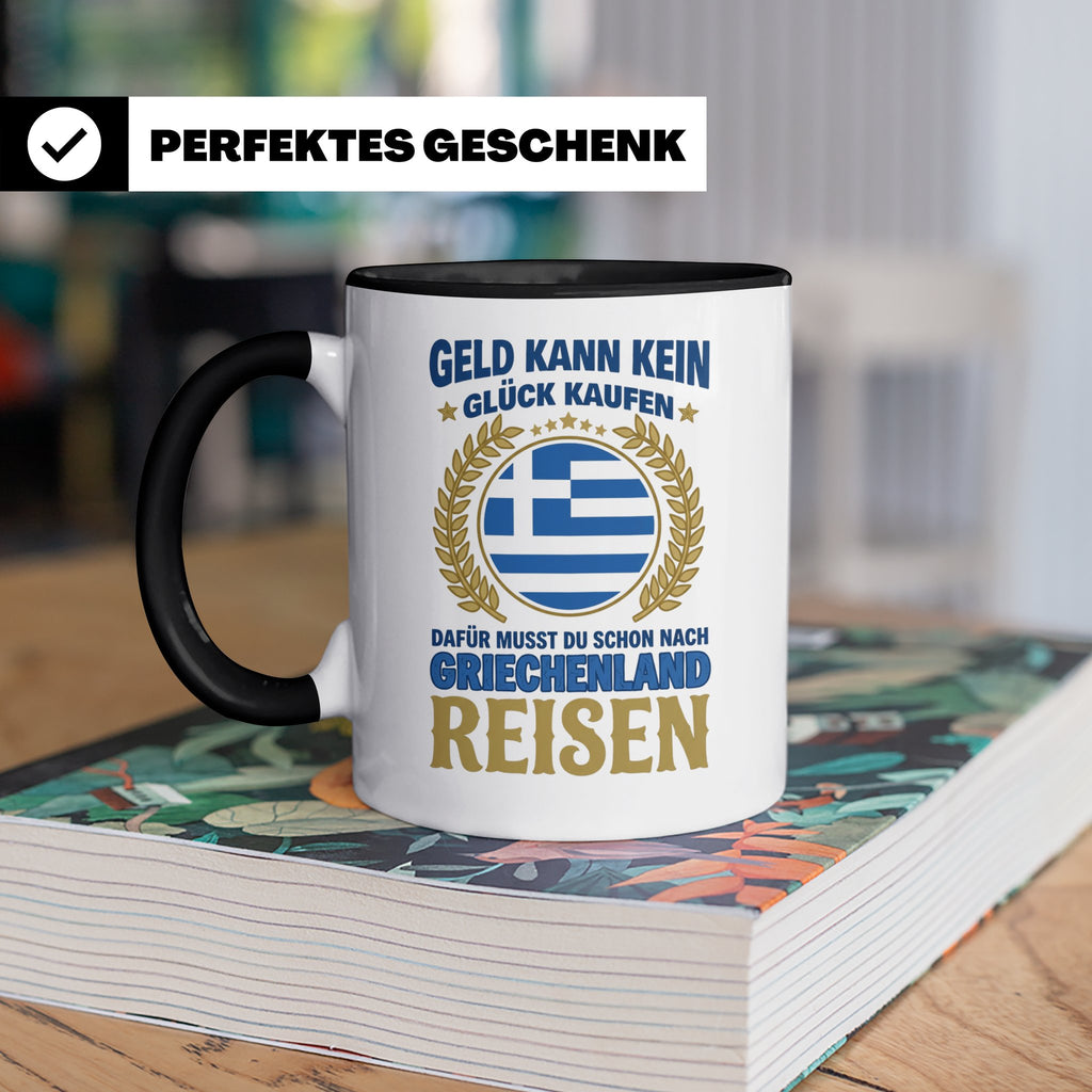 Griechenland Tasse mit Spruch & Flagge, Griechische Wurzeln  – Schwarz [farbe:schwarz]