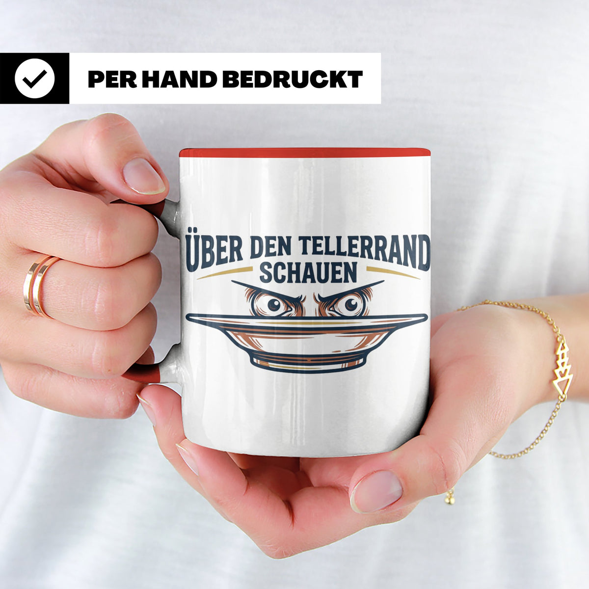 Über den Tellerrand schauen Tasse | Spruch Becher Büro Motiv – Rot [farbe:rot]