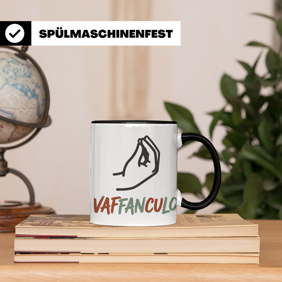Vaffanculo Tasse mit italienischer Handgeste, lustiger Spruc – Schwarz [farbe:schwarz]