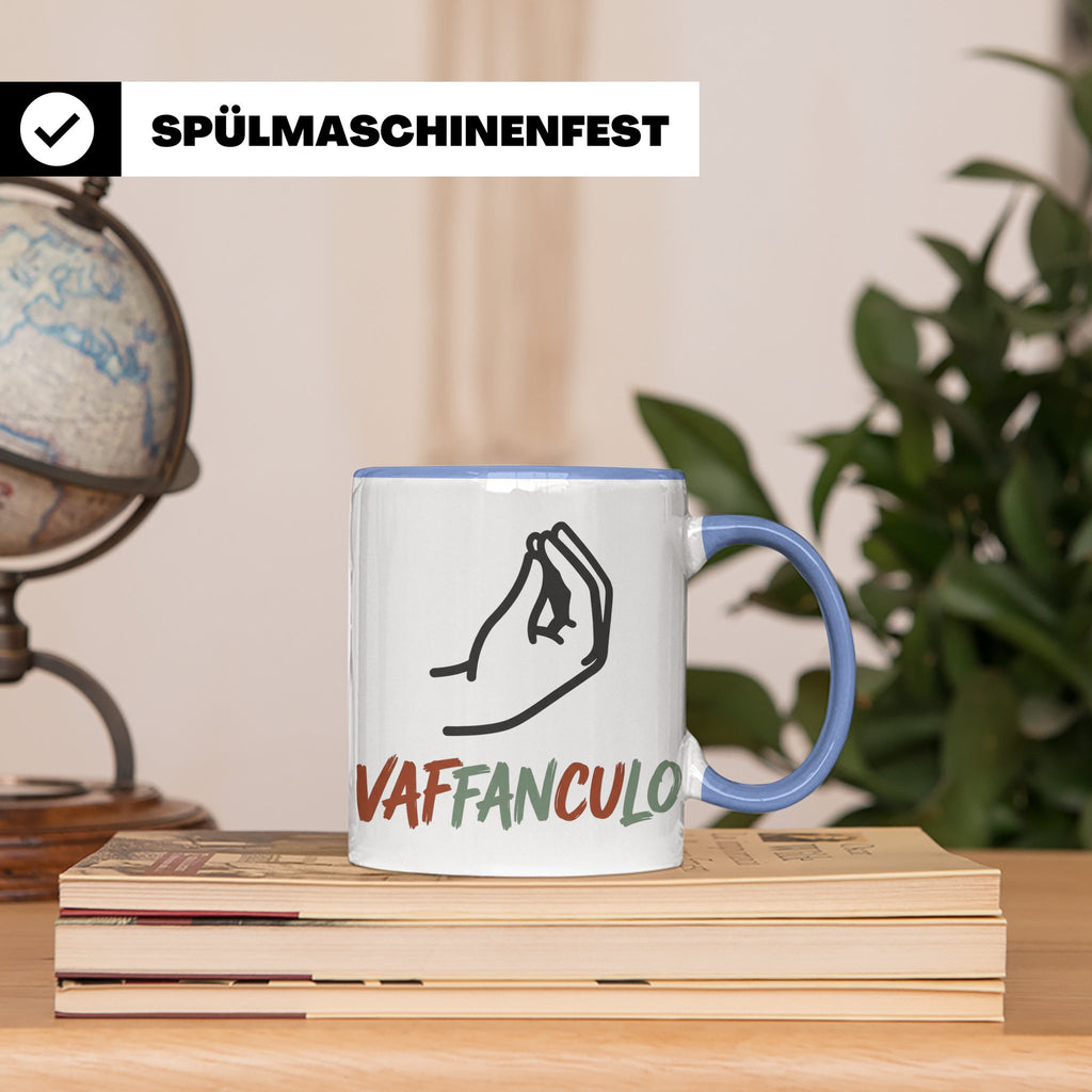 Vaffanculo Tasse mit italienischer Handgeste, lustiger Spruc – Blau [farbe:blau]