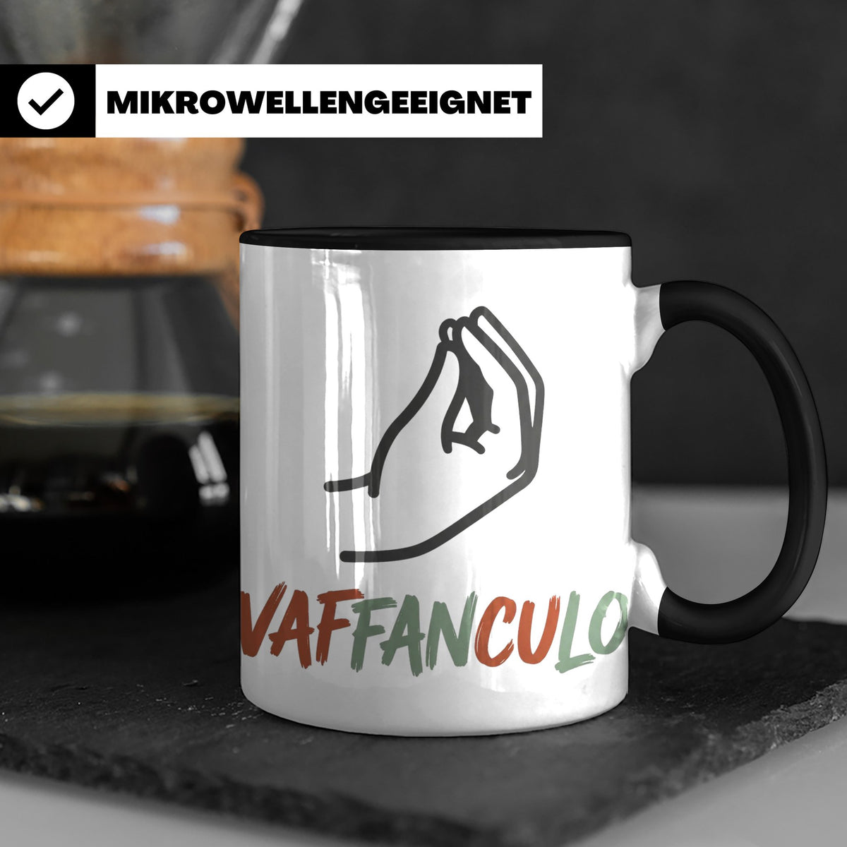Vaffanculo Tasse mit italienischer Handgeste, lustiger Spruc – Schwarz [farbe:schwarz]