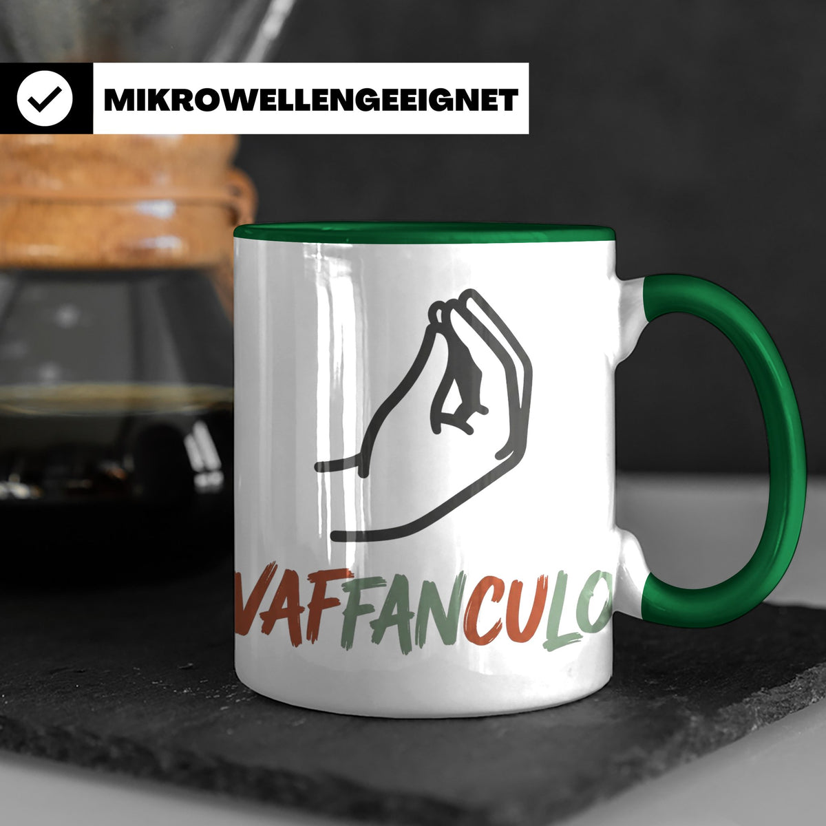 Vaffanculo Tasse mit italienischer Handgeste, lustiger Spruc – Grün [farbe:grün]