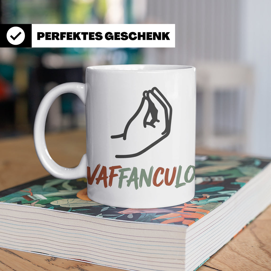 Vaffanculo Tasse mit italienischer Handgeste, lustiger Spruc – Weiß [farbe:weiß]