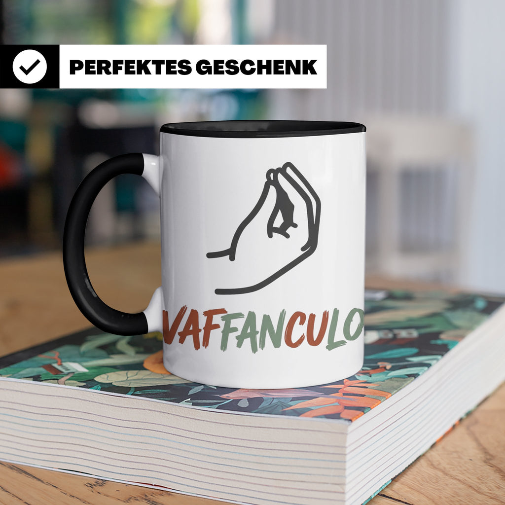 Vaffanculo Tasse mit italienischer Handgeste, lustiger Spruc – Schwarz [farbe:schwarz]