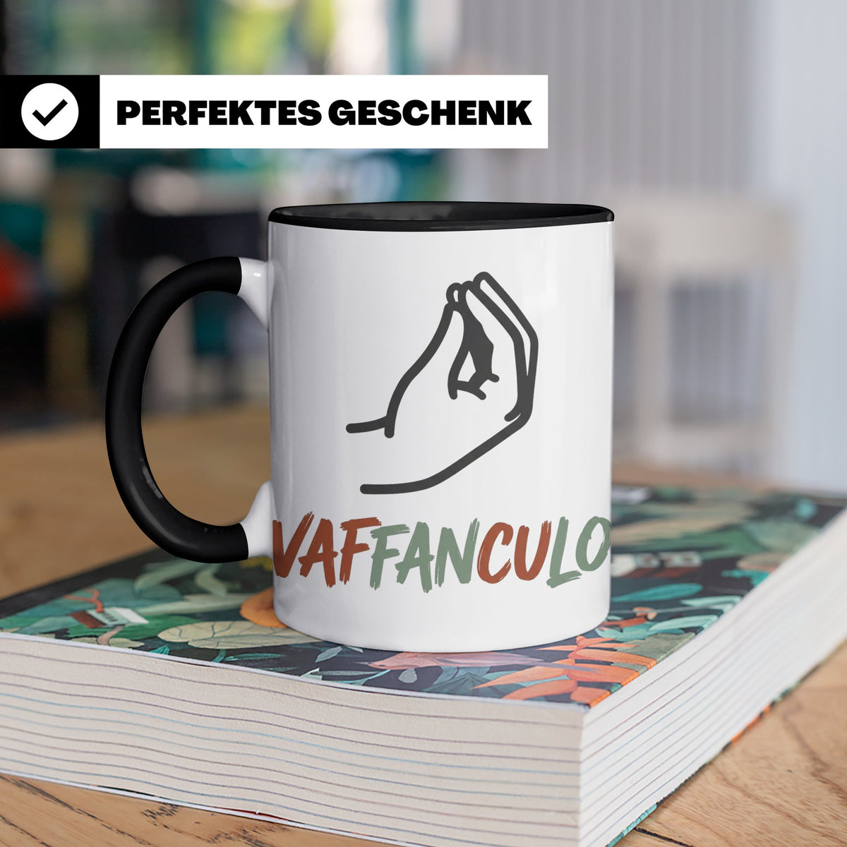 Vaffanculo Tasse mit italienischer Handgeste, lustiger Spruc – Schwarz [farbe:schwarz]