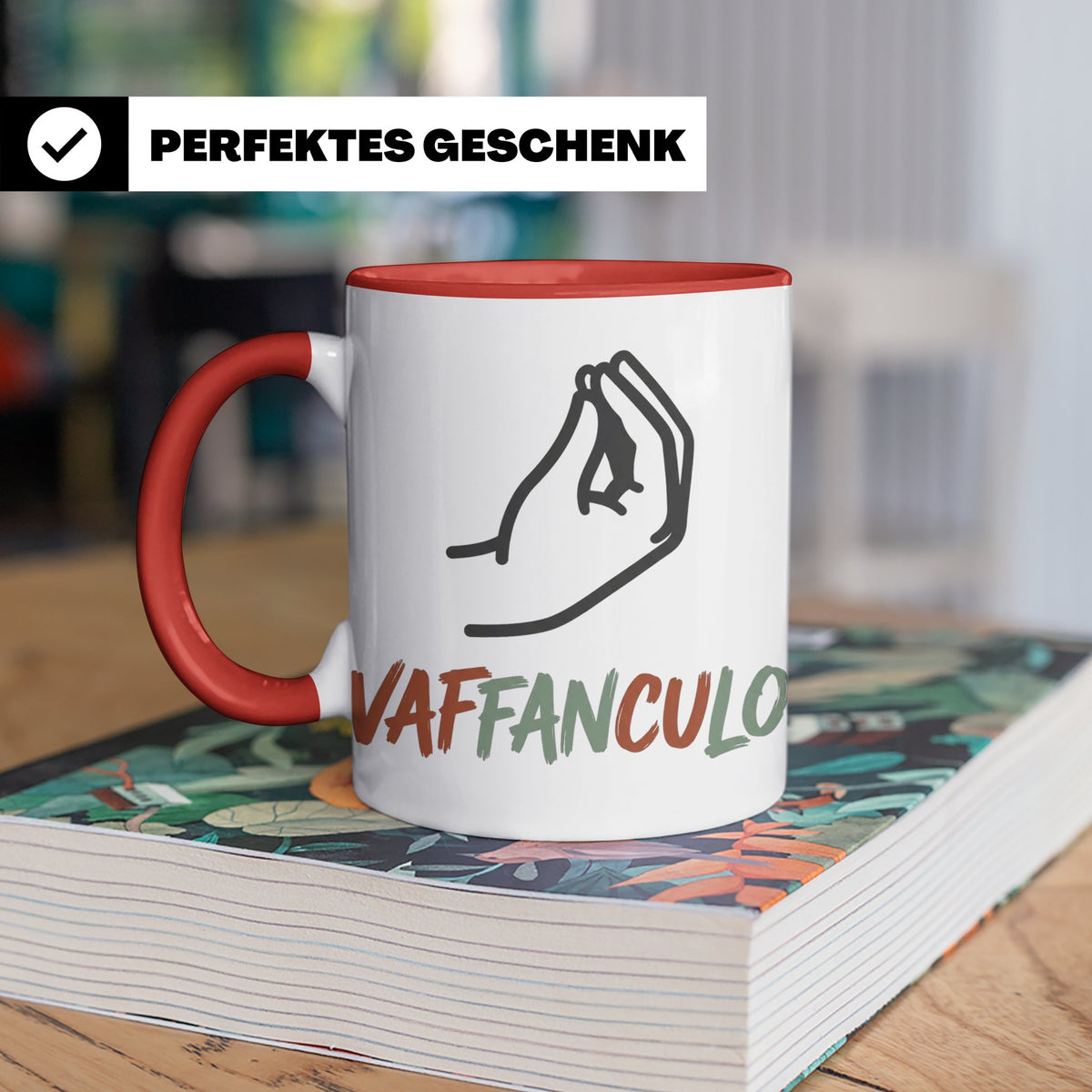 Vaffanculo Tasse mit italienischer Handgeste, lustiger Spruc – Rot [farbe:rot]