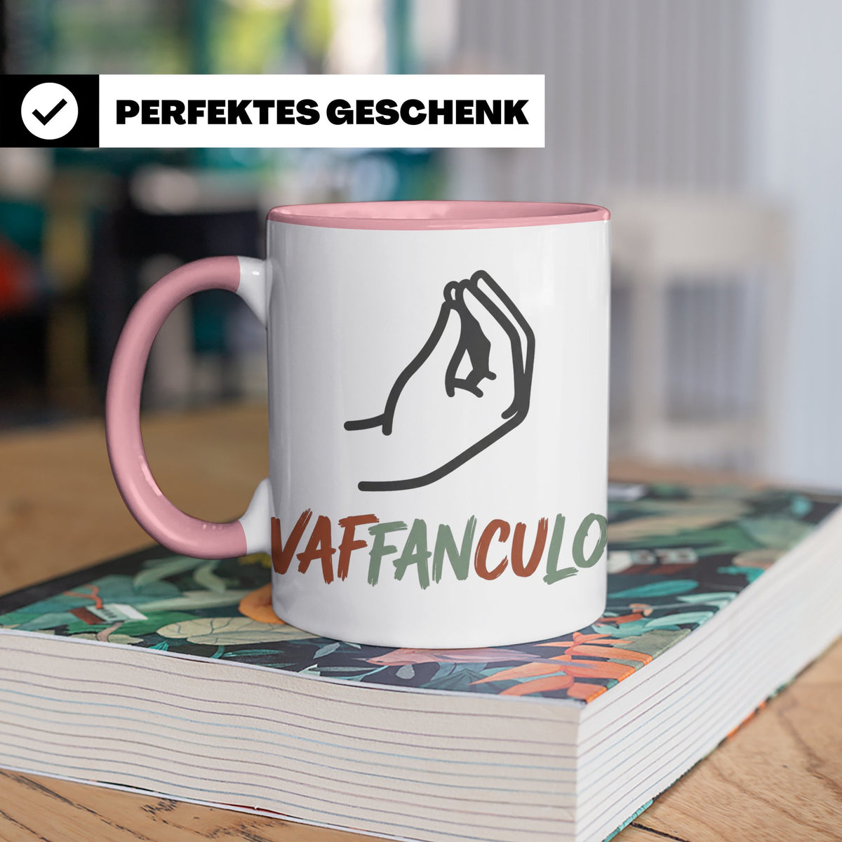Vaffanculo Tasse mit italienischer Handgeste, lustiger Spruc – Rosa [farbe:rosa]