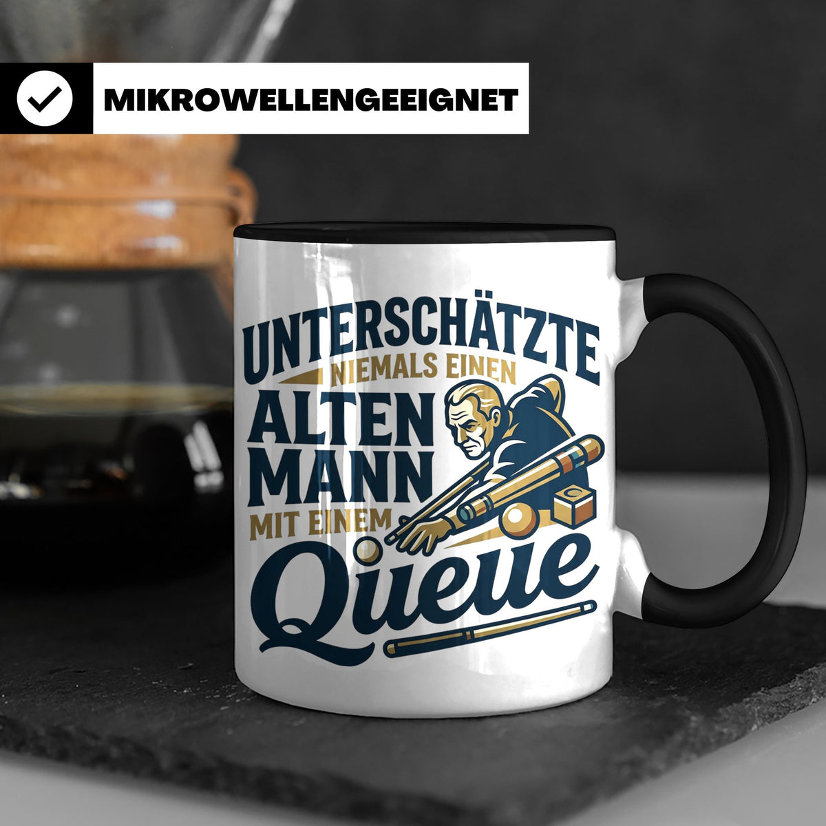 Alter Mann mit Queue Tasse für Billardspieler, lustiger Spru – Schwarz [farbe:schwarz]