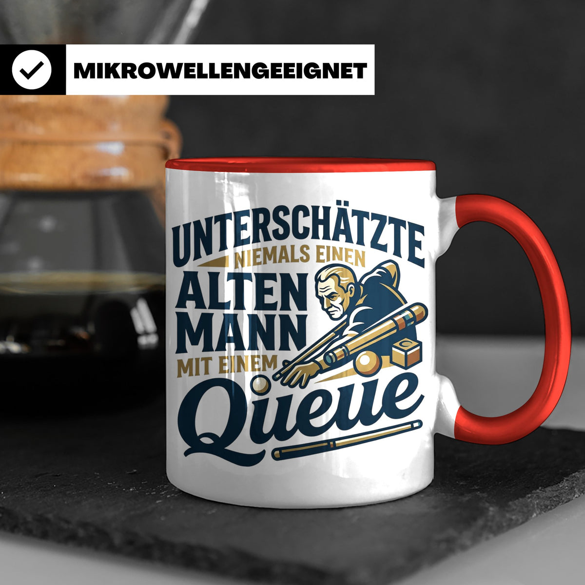Alter Mann mit Queue Tasse für Billardspieler, lustiger Spru – Rot [farbe:rot]