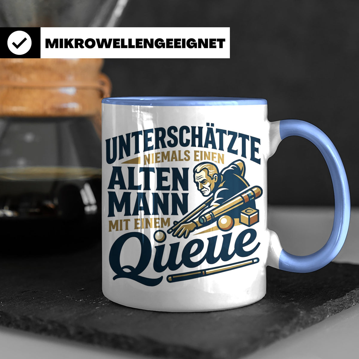 Alter Mann mit Queue Tasse für Billardspieler, lustiger Spru – Blau [farbe:blau]