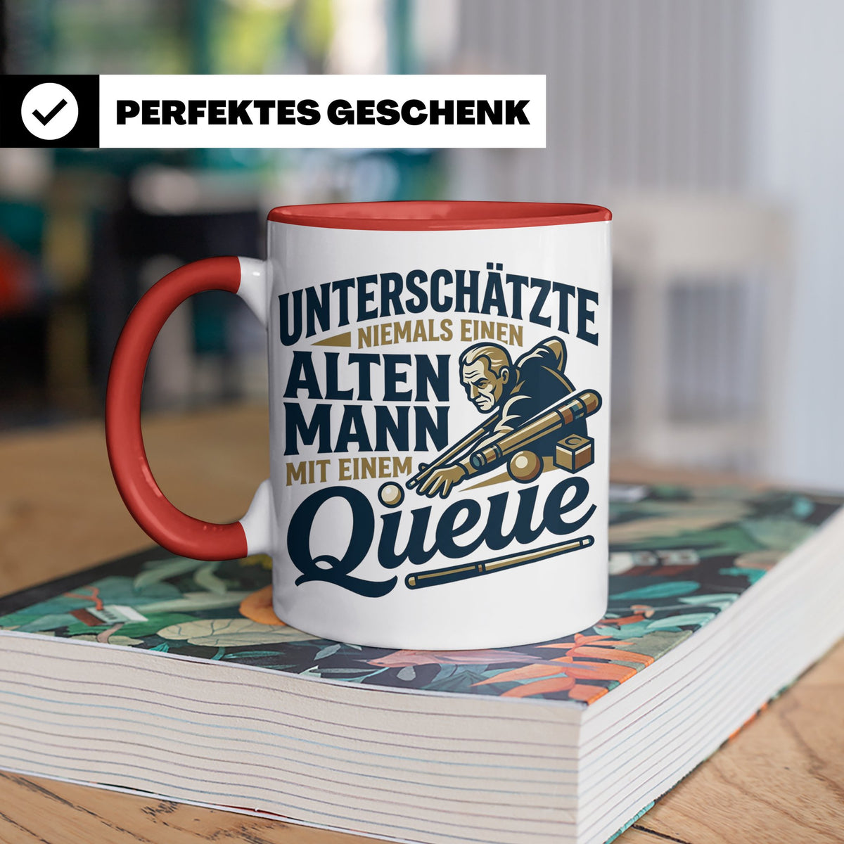 Alter Mann mit Queue Tasse für Billardspieler, lustiger Spru – Rot [farbe:rot]