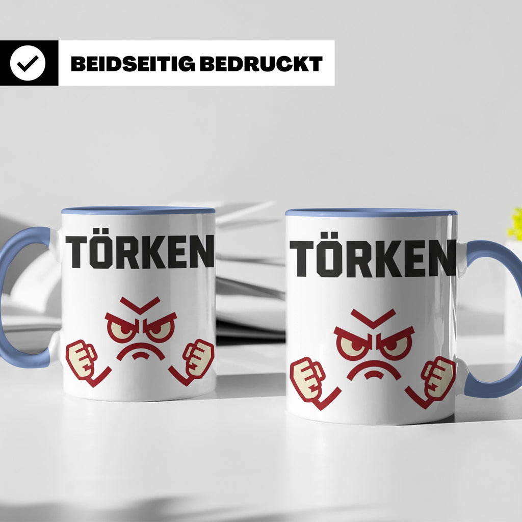 Törken Tasse mit wütendem Gesicht, lustiger Spruch für Morge – Blau [farbe:blau]