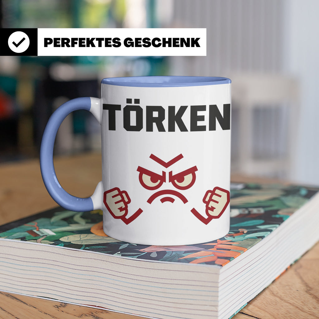 Törken Tasse mit wütendem Gesicht, lustiger Spruch für Morge – Blau [farbe:blau]