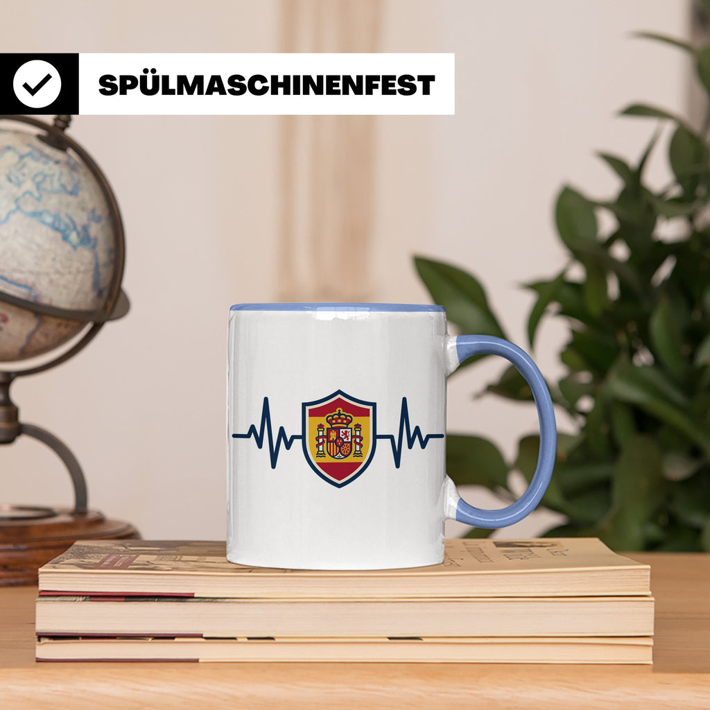 Spanien Herzschlag Tasse mit Wappen, EKG Fanartikel für Span – Blau [farbe:blau]