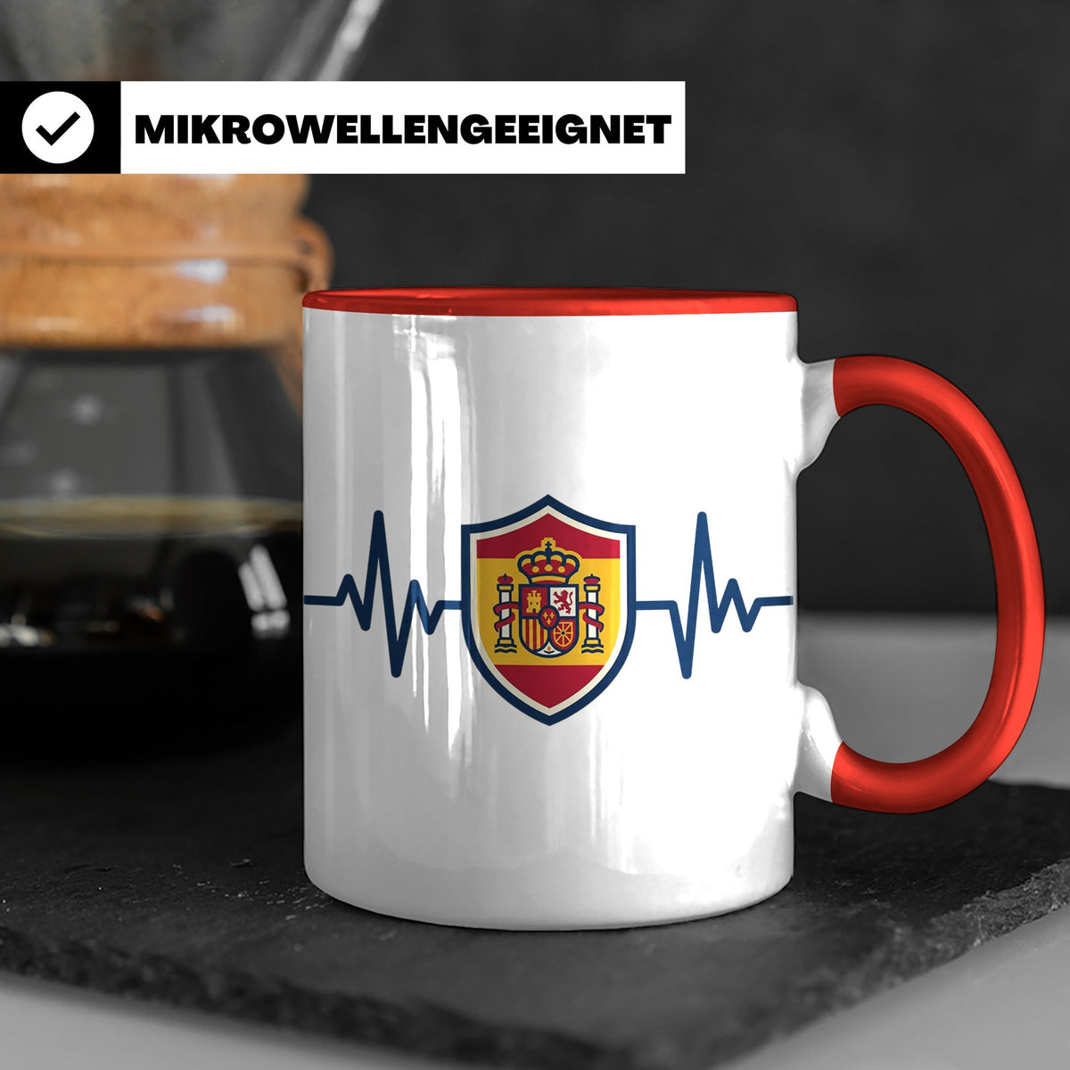Spanien Herzschlag Tasse mit Wappen, EKG Fanartikel für Span – Rot [farbe:rot]