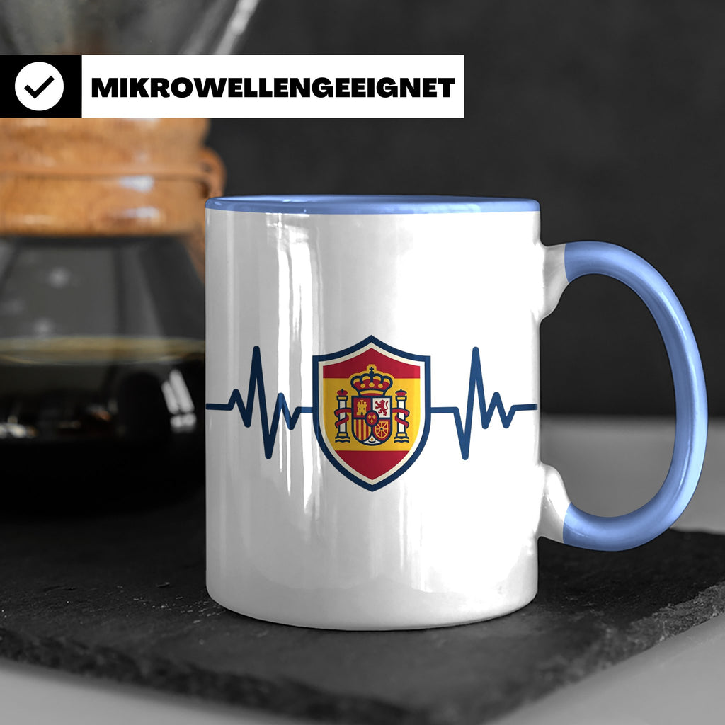 Spanien Herzschlag Tasse mit Wappen, EKG Fanartikel für Span – Blau [farbe:blau]